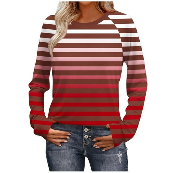 HAiming Womens Striped Shirt Long Sleeve Round Neck Pullover Basic Tops Lightweight Trendy Clothes
