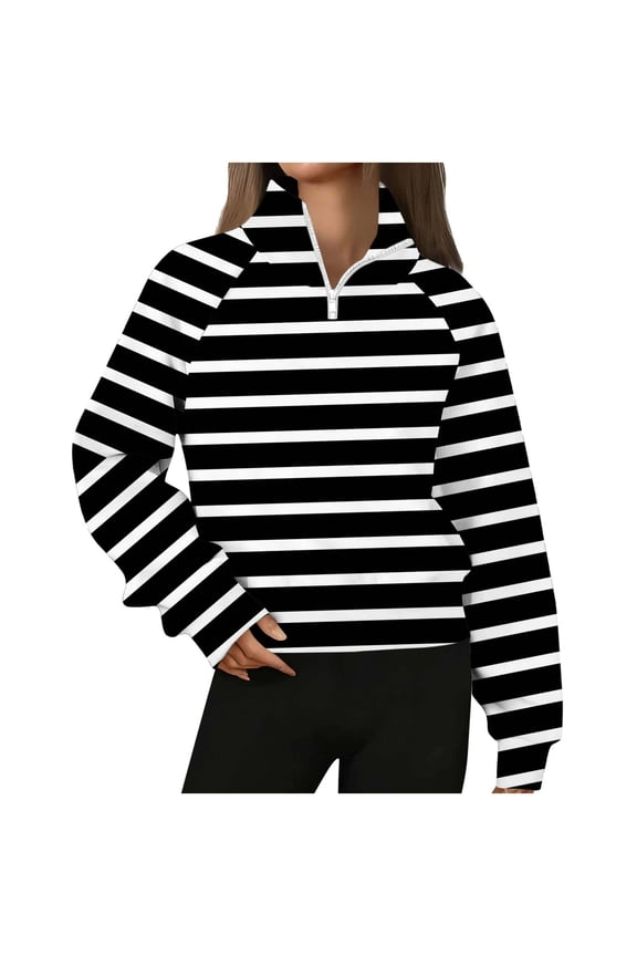 Womens Striped Sweatshirt Stand Collar Quarter Zip Long Sleeve Pullover Tops Trendy Clothes