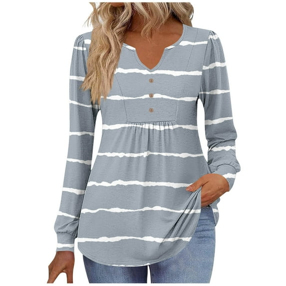 HAiming Womens Striped Tops Casual Long Sleeve V Neck Button Shirts Loose Dressy Tunic Blouses Fall Fashion Clothes