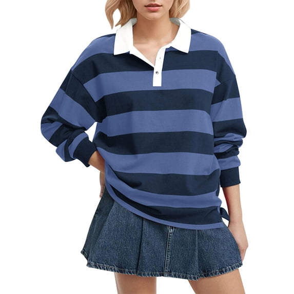 HAiming Womens Striped Tops Long Sleeve Lapel Collar Pullover Color Block Casual Blouses Fall Trendy Clothes