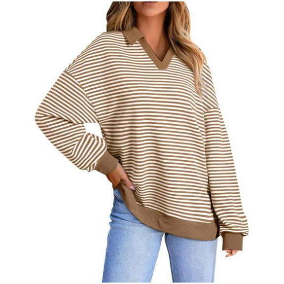 HAiming Womens Striped Tops Long Sleeve Lapel V Neck Pullover Color Block Casual Blouses Fall Trendy Clothes