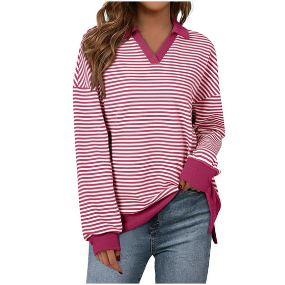 HAiming Womens Striped Tops Long Sleeve Lapel V Neck Pullover Color Block Casual Blouses Fall Trendy Clothes