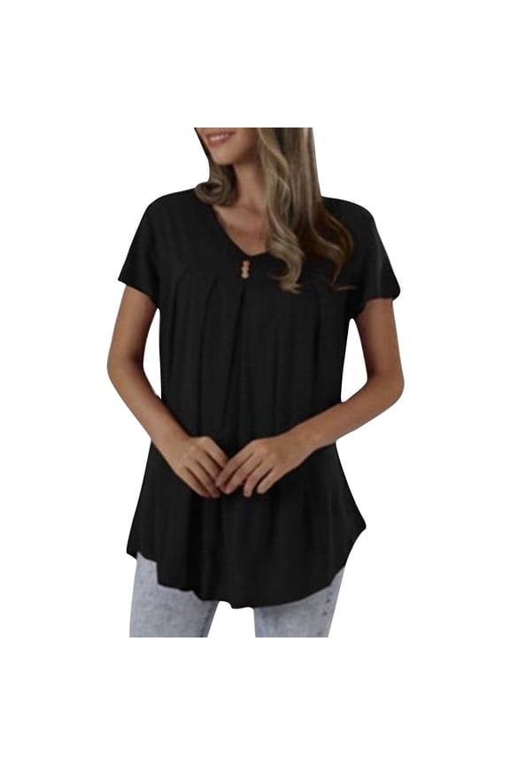 Womens Summer Tops Flowy Pleated Front Short Sleeve Shirts Dressy Casual Tunic Cute Blouses