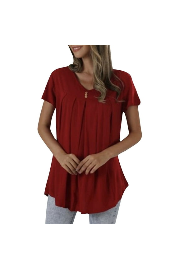 Womens Summer Tops Flowy Pleated Front Short Sleeve Shirts Dressy Casual Tunic Cute Blouses