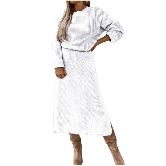 HAiming Womens Sweater Dresses Casual Crew Neck Long Sleeved Pullover Knit Dress 2025 Trendy Side Split Midi Dresses
