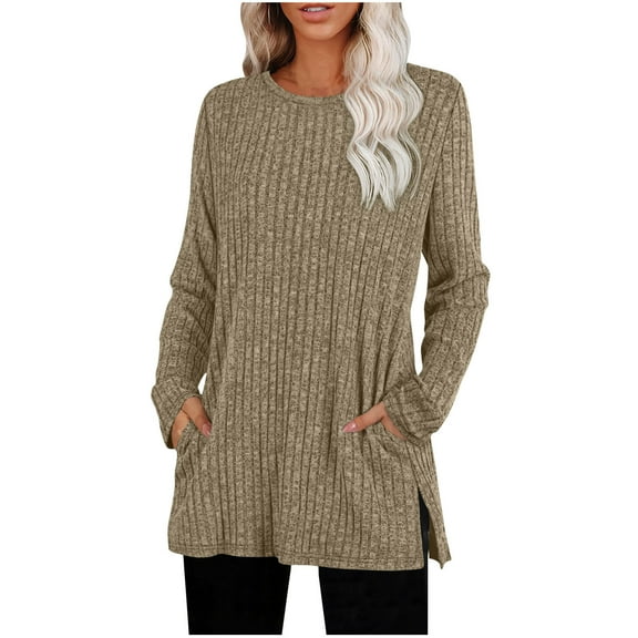 HAiming Womens Sweaters Crewneck Long Sleeve Ribbed Side Slit Tops with Pockets Fall Outfits Fashion Winter Clothes