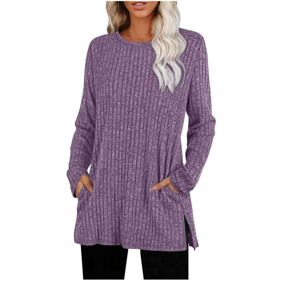 HAiming Womens Sweaters Crewneck Long Sleeve Ribbed Side Slit Tops with Pockets Fall Outfits Fashion Winter Clothes