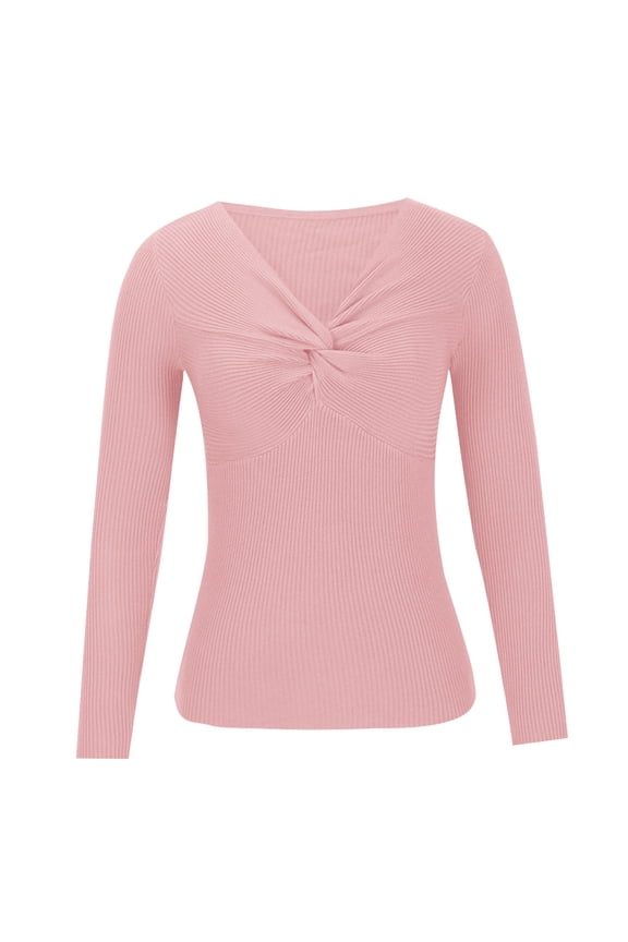 Womens Sweaters V Neck Long Sleeve Ribbed Pleated Knit Pullover Tops Lightweight Basic Slim Fitted Shirts