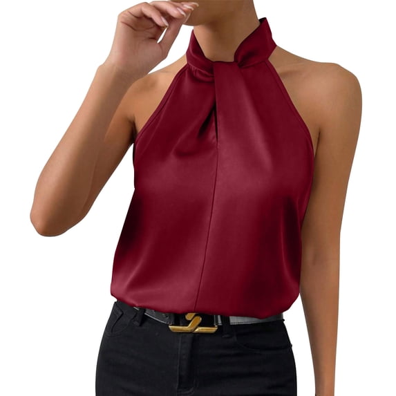 HAiming Womens Tank Top Elegant Halter Sleeveless Satin Blouse Solid Color Business Stylish Fashion Tops
