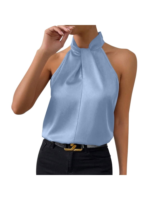 Womens Tank Top Elegant Halter Sleeveless Satin Blouse Solid Color Business Stylish Fashion Tops