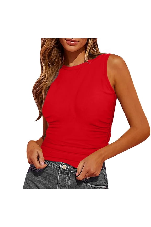 Womens Tank Tops Summer Sleeveless High Neck Slim Fitted Blouse Trendy Side Ruched Basic Tees Shirts