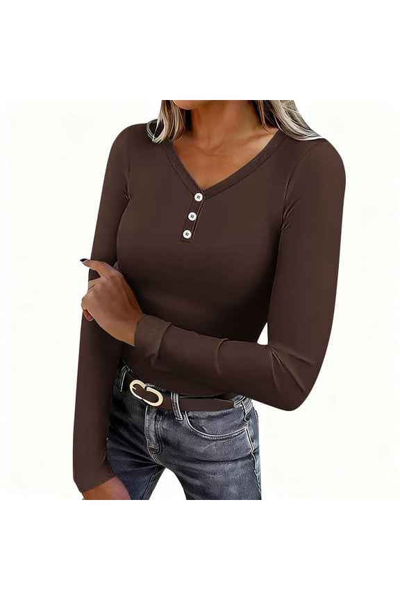 Womens Thermal Tops Slim Fitted Long Sleeve V Neck Button Solid Color Pullover Blouse Warm Trendy Clothes