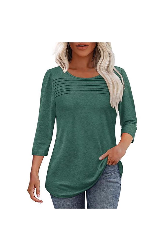 Womens Tops 3/4 Sleeve Crew Neck Solid Color Dressy Casual Shirts Pleated Trendy Pullover Blouses