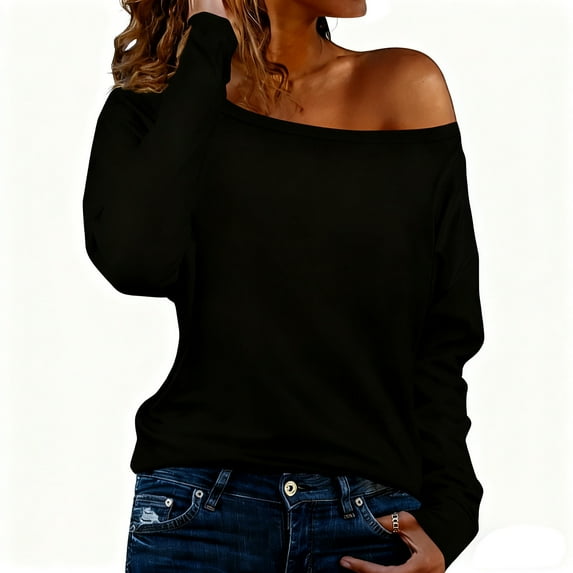 HAiming Womens Tops Oversize off the Shoulder Casual Long Sleeve Solid Color Pullover Shirt Trendy Blouse