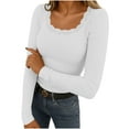 thumbnail image 1 of HAiming Womens Tops Slim Fitted Long Sleeve Lace Round Neck Stretchy Solid Color Basic Tee Soft Casual Blouses, 1 of 8