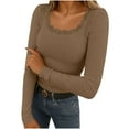 thumbnail image 1 of HAiming Womens Tops Slim Fitted Long Sleeve Lace Round Neck Stretchy Solid Color Basic Tee Soft Casual Blouses, 1 of 8