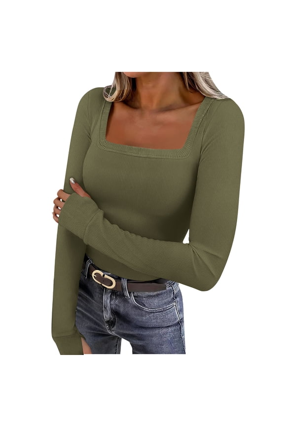 Womens Tops Slim Fitted Long Sleeve Square Neck Stretchy Solid Color Basic Tee Soft Casual Blouses