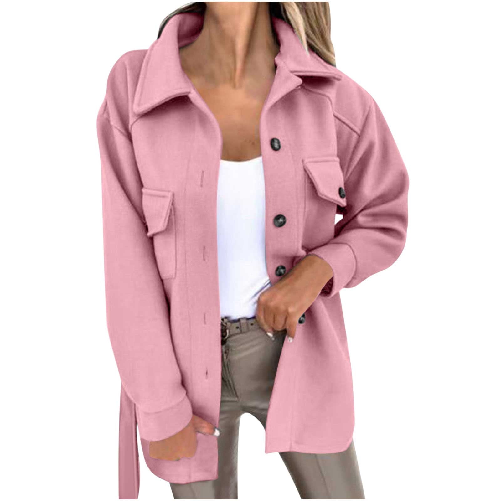 Mywinway Women's Wool Cropped Trench Coat - Fall & Winter Open Front Overcoat With Pockets