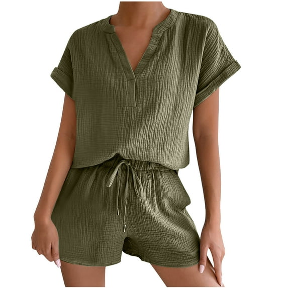HAiming Womens Two Piece Sets Summer Short Sleeve V Neck Tops and Drawstring Shorts Outfits Trendy Casual Loungewear