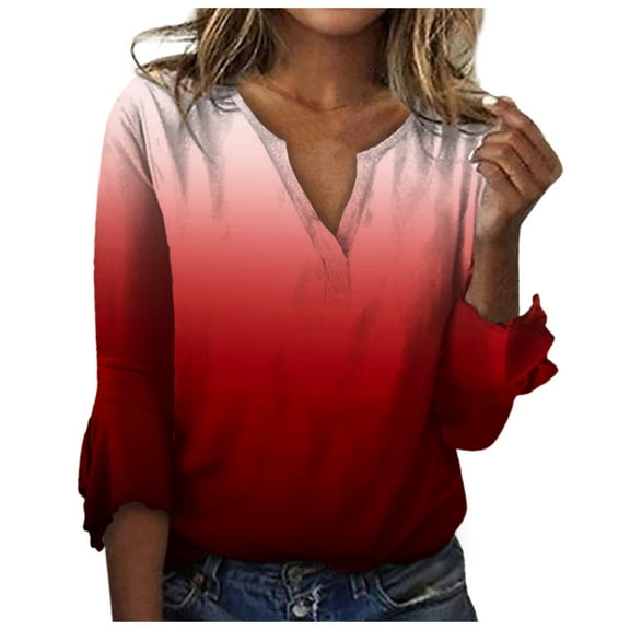HAiming Womens V Neck 3/4 Sleeve T-Shirts Trendy Gradient Color Casual Basic Tops Summer Loose Pullover Tees Blouses
