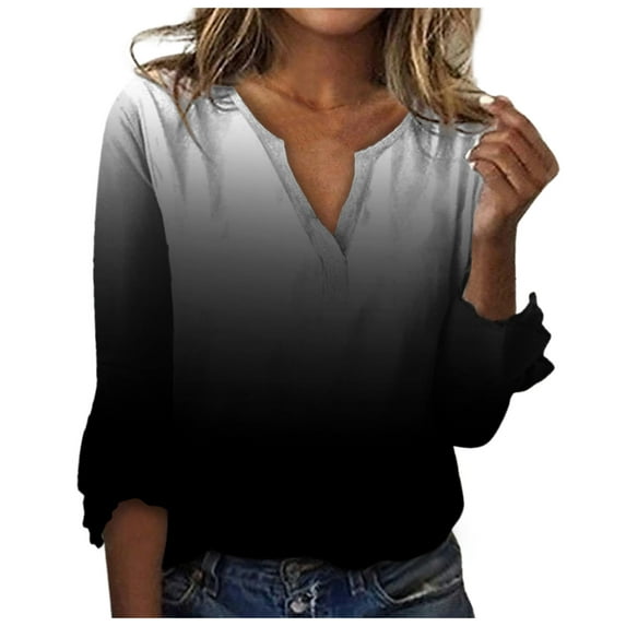 HAiming Womens V Neck 3/4 Sleeve T-Shirts Trendy Gradient Color Casual Basic Tops Summer Loose Pullover Tees Blouses