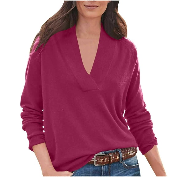 HAiming Womens V Neck Shirts Trendy Solid Long Sleeve Dressy Pullover Tunic Tops 2025 Plus Size Casual Loose Blouses