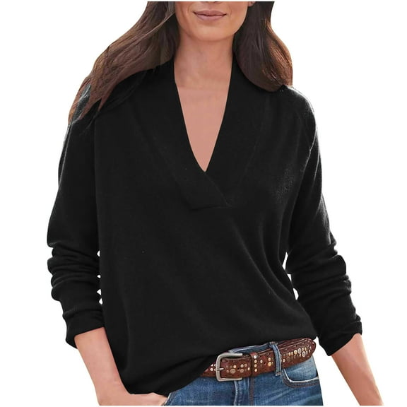 HAiming Womens V Neck Shirts Trendy Solid Long Sleeve Dressy Pullover Tunic Tops 2025 Plus Size Casual Loose Blouses