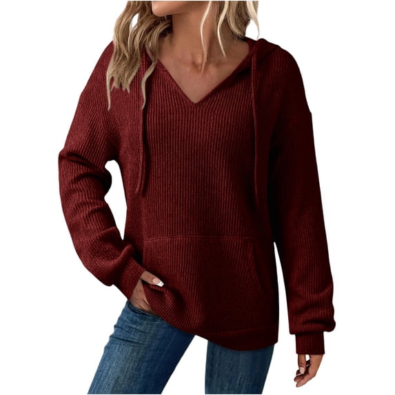 HAiming Womens V Neck Solid Color Hooded Sweatshirt Casual Long Sleeve Pullover Drawstring Hoodies Tops