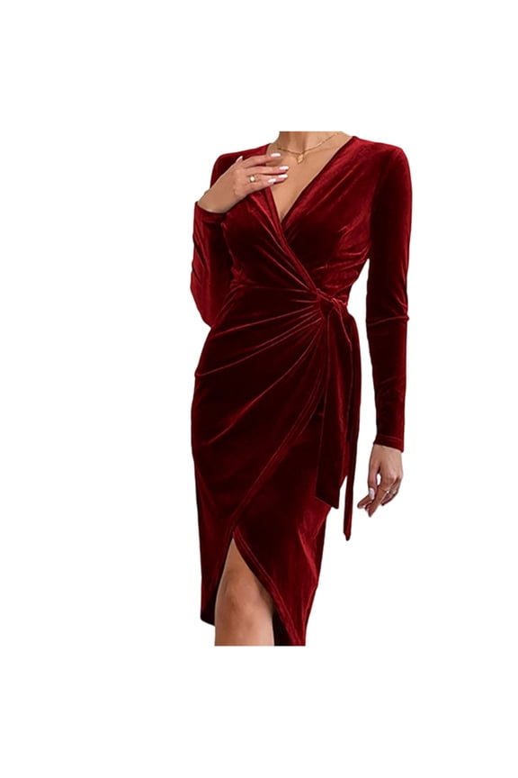 Womens V Neck Wrap Dress Elegant Long Sleeve Ruched Cocktail Party Fall Winter Wedding Guest Dresses