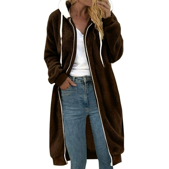 HAiming Womens Winter Fuzzy Fleece Jacket Long Sleeve Zip up Hooded Coats Plus Size Casual Long Outerwear with Pocket