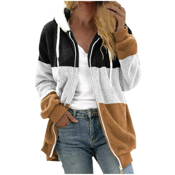 HAiming Womens Winter Zipper Hoodies Plus Size Color Block Long Sleeve Pullover Sweatshirt Fleece Thicken Warm Jacket