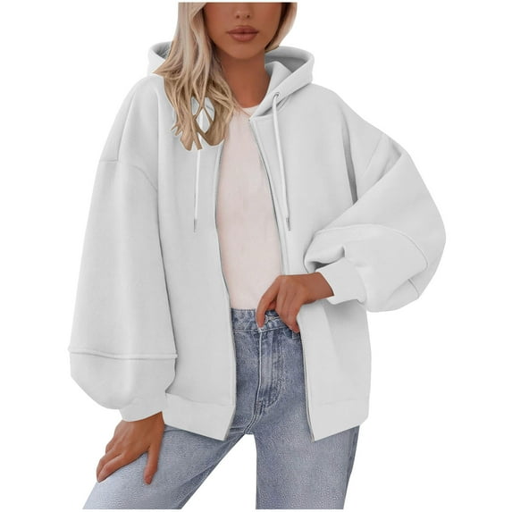 HAiming Womens Zip up Hooded Sweatshirts Jackets Oversized Long Sleeve Outwear Coats Casual Loose Solid Color Hoodie