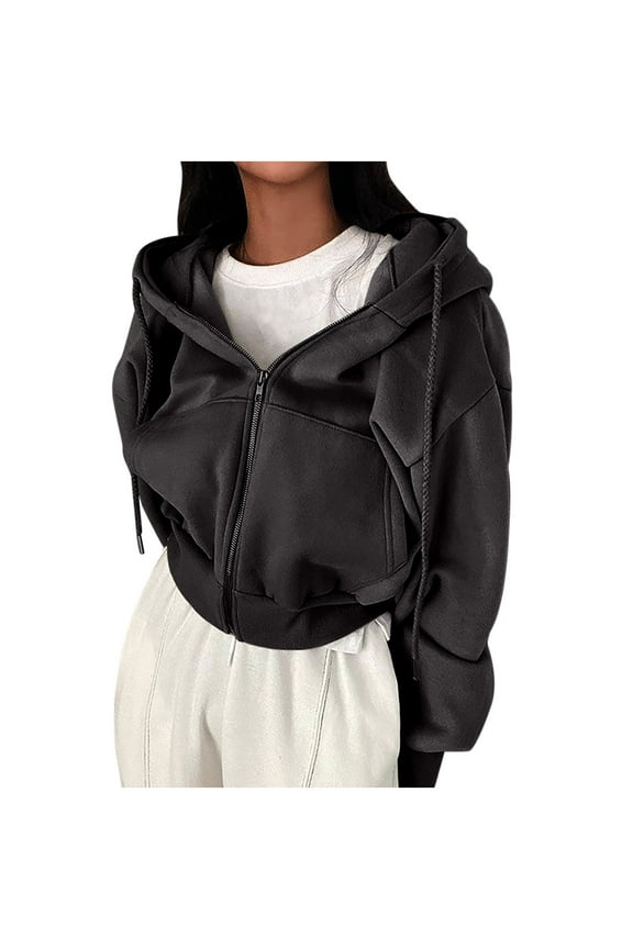 Womens Zip up Hoodie Jacket Casual Oversize Long Sleeve Solid Color Drawstring Hooded Coat Tops