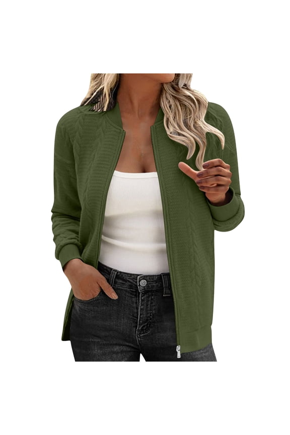 Womens Zip up Lightweight Jacket Casual Long Sleeve Crew Neck Solid Color Outerwear Coats Trendy Clothes