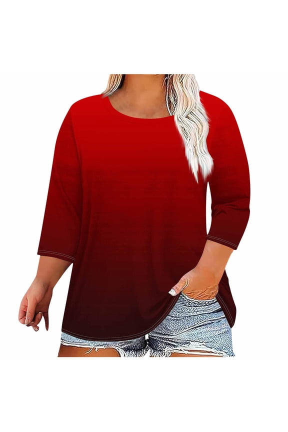 Womens gradient 3/4 Sleeve T-Shirt Crew Neck Basic Tee Casual Pullover Tops Trendy Clothes