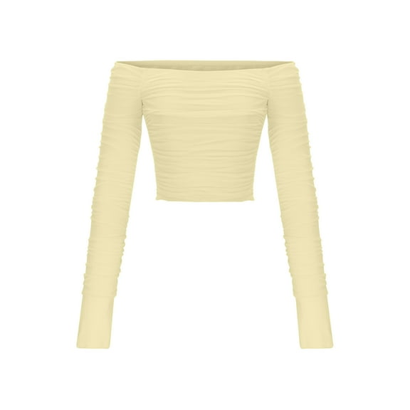 HAiming Womens off Shoulder Mesh Crop Tops Slim Long Sleeve Pullover Tee Shirt Casual Solid Color Ruched Blouse