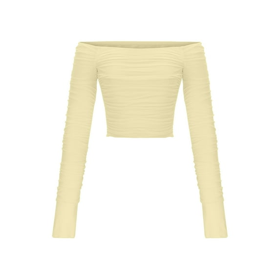 HAiming Womens off Shoulder Mesh Crop Tops Slim Long Sleeve Pullover Tee Shirt Casual Solid Color Ruched Blouse