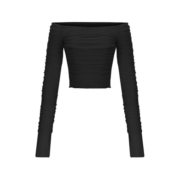 HAiming Womens off Shoulder Mesh Crop Tops Slim Long Sleeve Pullover Tee Shirt Casual Solid Color Ruched Blouse
