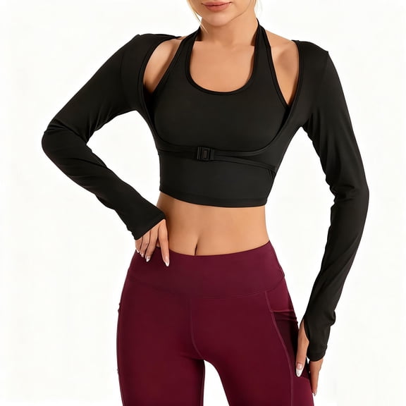 HAiming Workout Tops for Women Long Sleeve Shirts with Thumbhole Gym Crop Top Athletic Yoga Fake 2 Piece Shirt