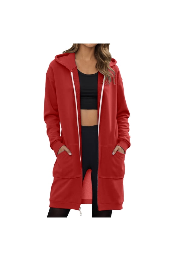 Zip up Plus Size Hoodies Jacket for Women Long Sleeve Drawatring Hooded Coat Fashion Clothes with Pockets