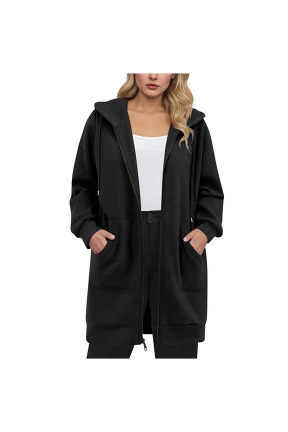 Zip up Plus Size Hoodies Jacket for Women Long Sleeve Drawatring Hooded Coat Fashion Clothes with Pockets