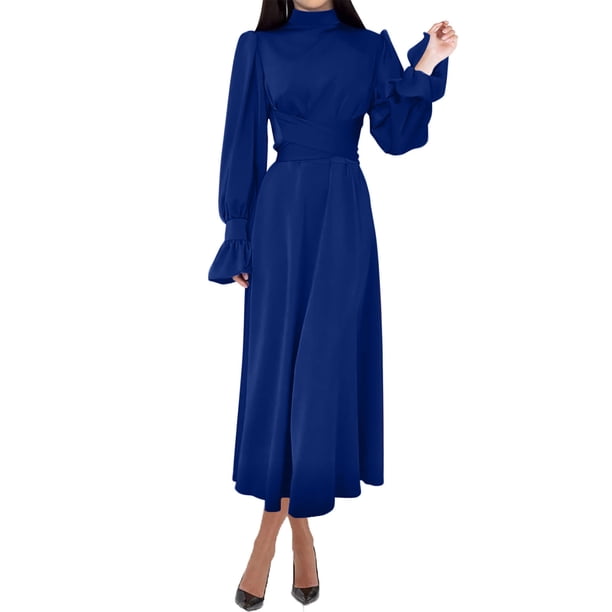 turtleneck satin dress Haimingwomen's Satin Dress Solid Lantern Ruffled Long Sleeve Turtleneck Tie Waist Pleated Cocktail Party Maxi Dresses, Size: 2XL, Blue
