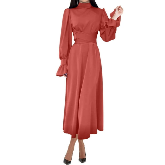 HAimingWomen's Satin Dress Solid Lantern Ruffled Long Sleeve Turtleneck Tie Waist Pleated Cocktail Party Maxi Dresses