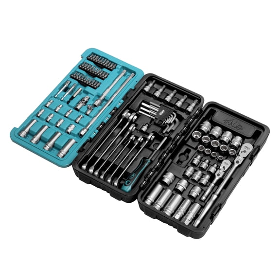 HB 100-Piece Socket Set AKX010-U, 90-Tooth Flex Head Ratchets 3/8"&1/4" Drive, Non-Slip Metric SAE Sockets, Deep & Standard, Impact Adapter, Wrenches, Torx Hex Bits, Tri-Fold Case, Made in Taiwan