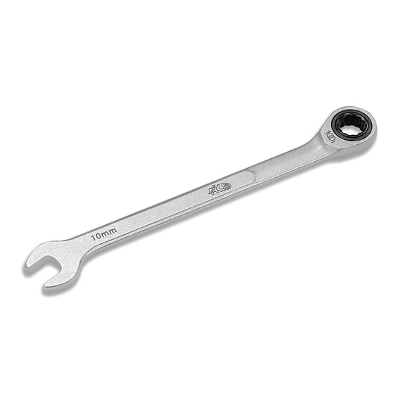 HB 10mm Ratcheting Combination Wrench WDM010-U | 100-Tooth 12-Point Box End 15 Offset Head | Pass-Through Design for Long Bolts | Chrome Vanadium Steel Matte Finish Professional Tool Made in Taiwan