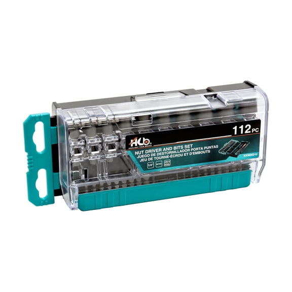 HB 112-Piece Magnetic Nut Driver & Bit Set KKM002-U, Phillips Pozi Slotted Hex Star Square Spline Tri-Wing Torq Clutch Bits, Magnetic Holder, Socket Adapter, Screwdriver Handle, Case, Made in Taiwan