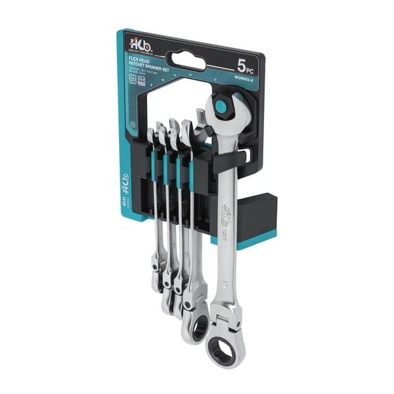 HB 5-Piece Ratchet Wrench Set WGM003-U | 90T & 120T Non-Slip Flex Head 180 Reversible Metric Wrenches 817mm Patented Grip Plus Rounded Bolt Remover Storage Rack Made in Taiwan