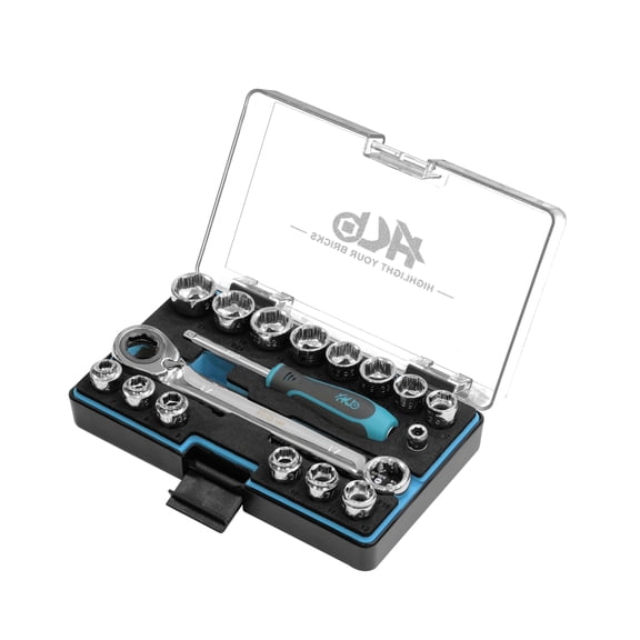 HB 57-Piece Socket Set AGX004-U, Pass-Thru Low Profile 120-Tooth Ratchet Wrench with Non-Slip Sockets, Metric SAE E-Torx Compatible, Chrome Vanadium Steel, Portable EVA Case, Made in Taiwan
