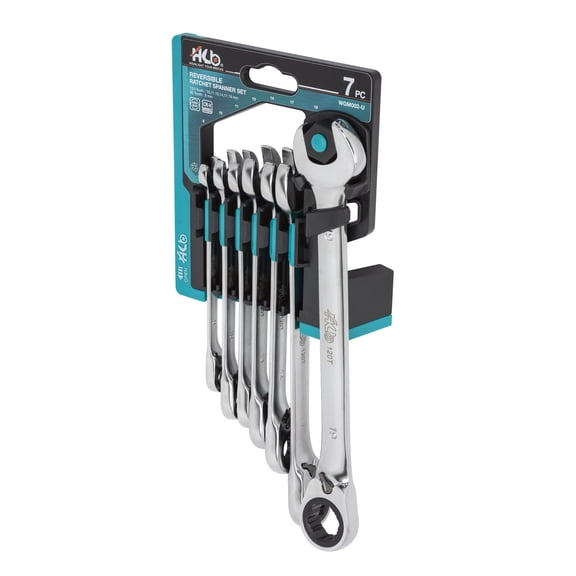 HB 7-Piece Ratchet Wrench Set WGM002-U | 90T & 120T Non-Slip Reversible Metric Wrenches 819mm | Patented Grip Plus Rounded Bolt Remover | Chrome Vanadium Steel Storage Rack Made in Taiwan