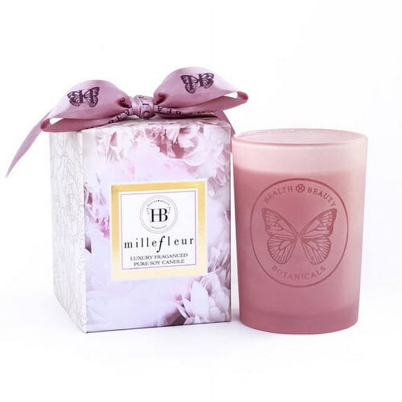 HB Health Beauty Botanicals Candle/Millefleur Limited Edition/Luxury Scented Soy Candles/Hand Poured/Highly Scented Clean Burn/7.5 Oz Frosted Peony Pink Jar /Gold Embossed Gift Box/Pink Satin Bow